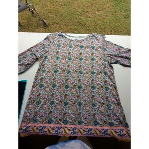 Kim Rogers Floral Top Women 1X Blue New Long Sleeve Cotton Boho Print